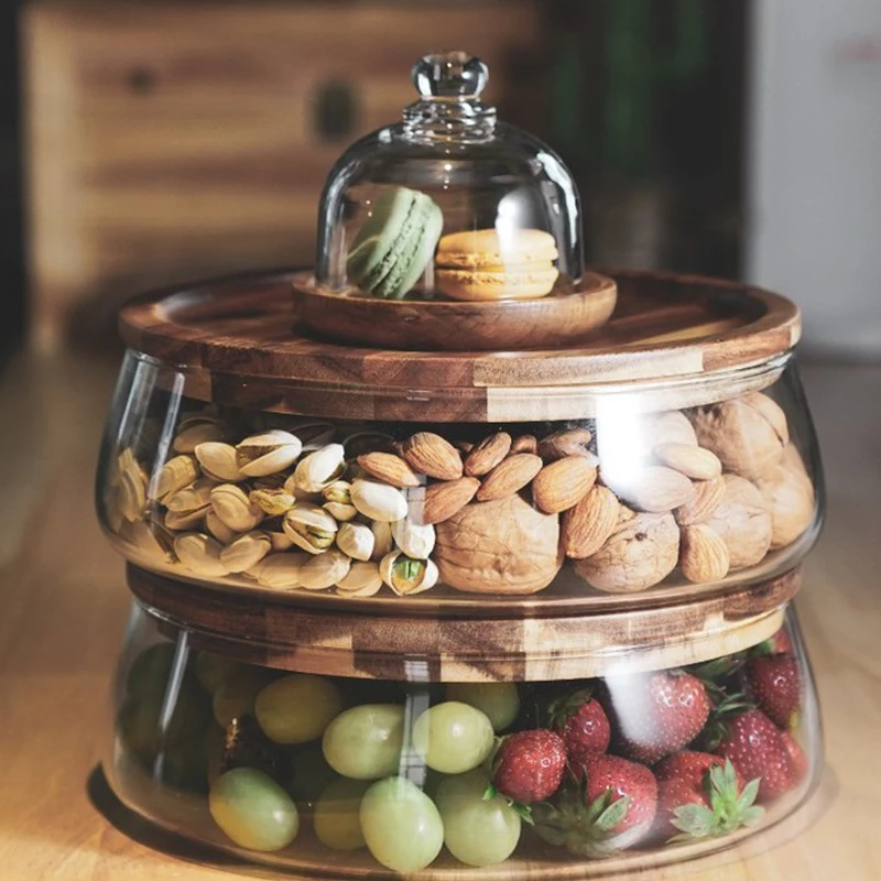 Food Storage Jars With Wooden Lids - Creative แก้วภาชนะเก็บอาหารพร้อมฝาปิดไม้ถาดห้องนั่งเล่นห้องครัวขนมขบเคี้ยวผลไม้ Candy NUT ขวด