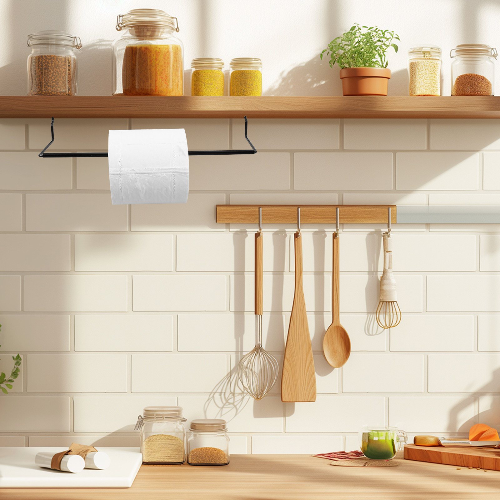 Food Storage Organizer - ที่แขวนผ้าเช็ดครัวแบบแผ่นโลหะ ที่แขวนกระดาษชำระ ชั้นวางของในห้องน้ำ ติดตั้งง่าย พร้อมตะขอแขวนสำหรับจัดระเบียบ