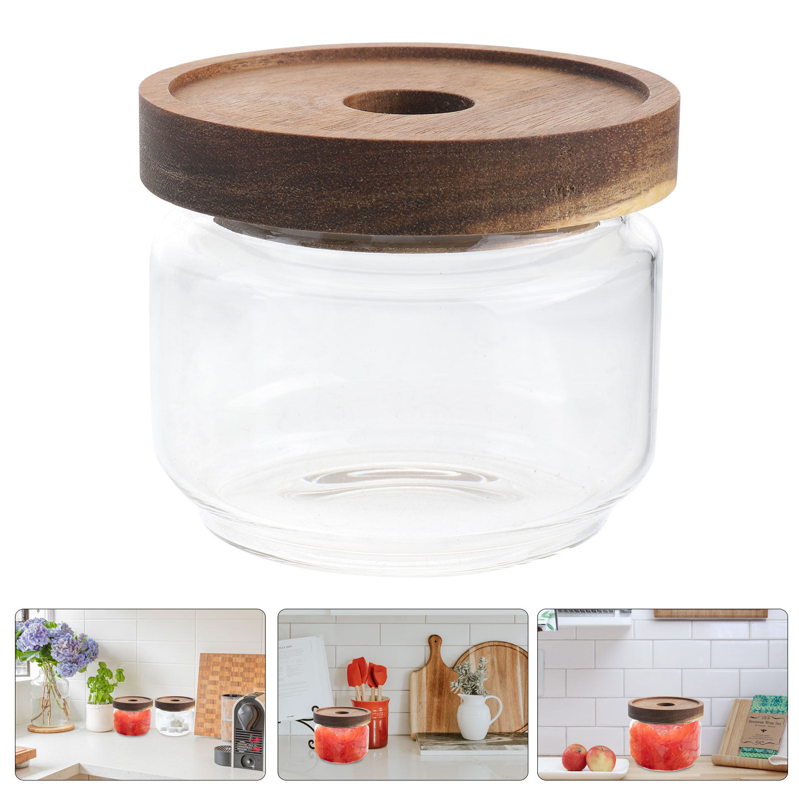 Food Storage Jars With Wooden Lids - ขวดแก้วใสทนความร้อนขนาด 350 มล. ฝาปิดไม้ ปิดผนึกอย่างดี สำหรับเก็บชา