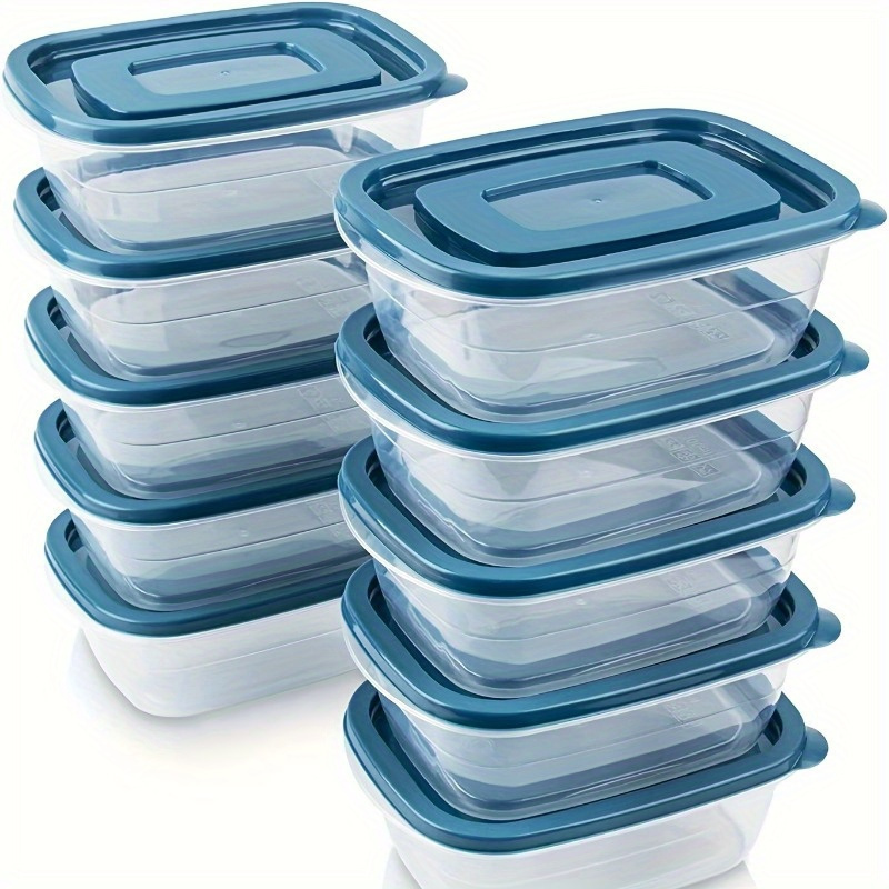 Food Storage Stackable Containers - ชุดภาชนะเก็บอาหารพลาสติกใสแบบซ้อนได้ 6 ชิ้น พร้อมฝาสีน้ำเงินและเครื่องหมายบอกปริมาณ—นำกลับมาใช้ใหม่ได้ ใช้กับเครื่องล้างจานได้