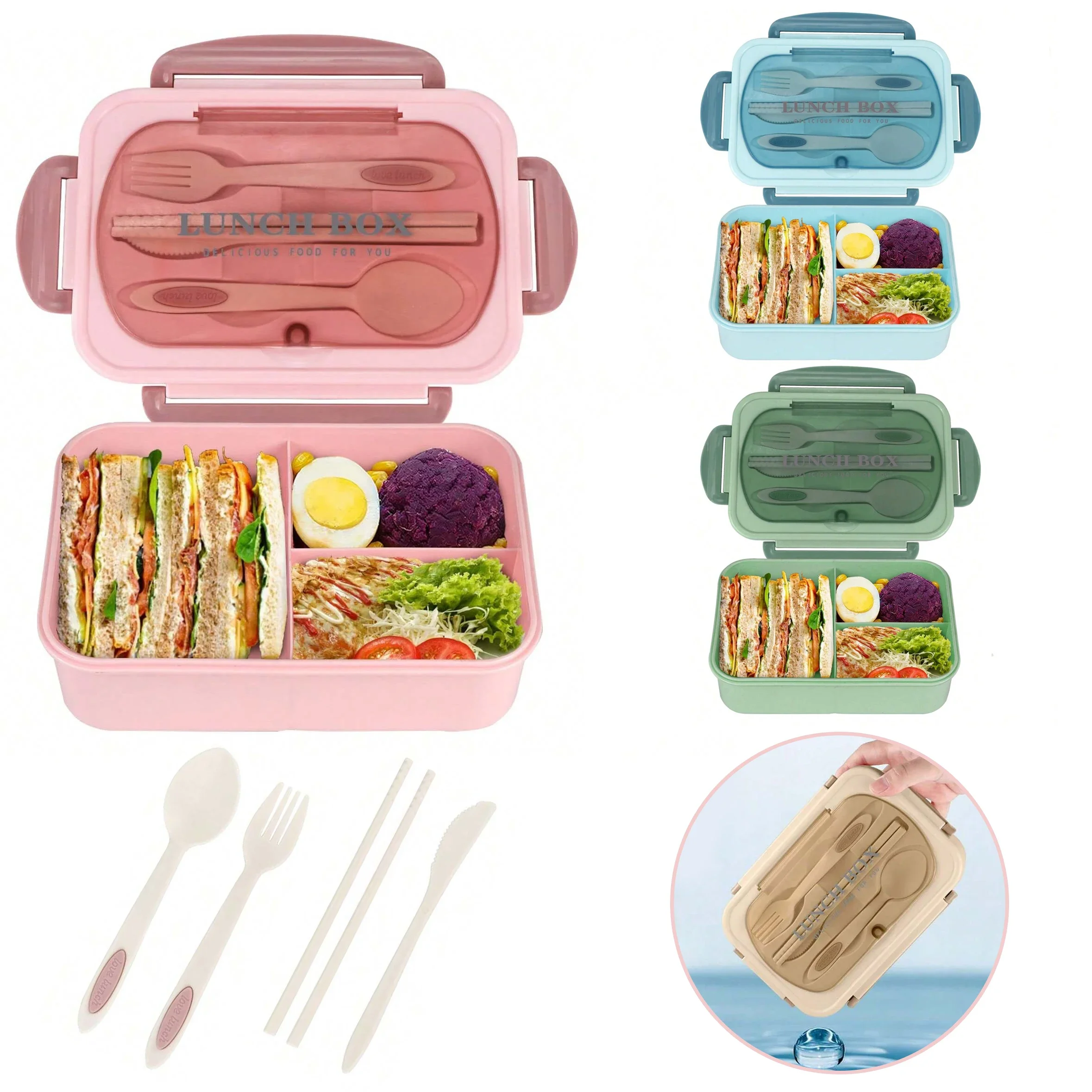Food Storage Design - กล่องเบนโตะสำหรับผู้ใหญ่ 3 ช่อง กล่องใส่อาหารกลางวันสำหรับผู้ชาย ผู้หญิง พกพาสะดวก