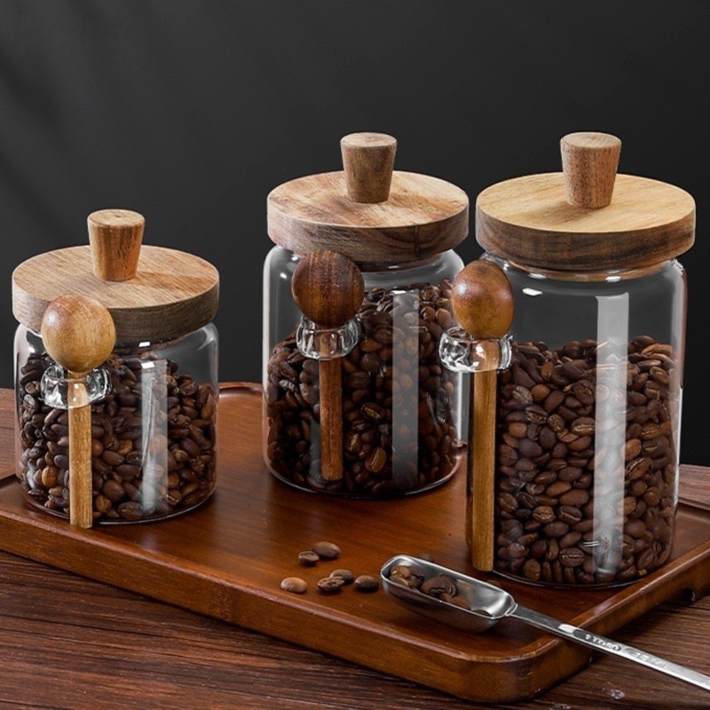 Food Storage Jars With Wooden Lids - ชุดโหลแก้ว ABJI พร้อมฝาไม้และช้อน ขนาด 13, 20