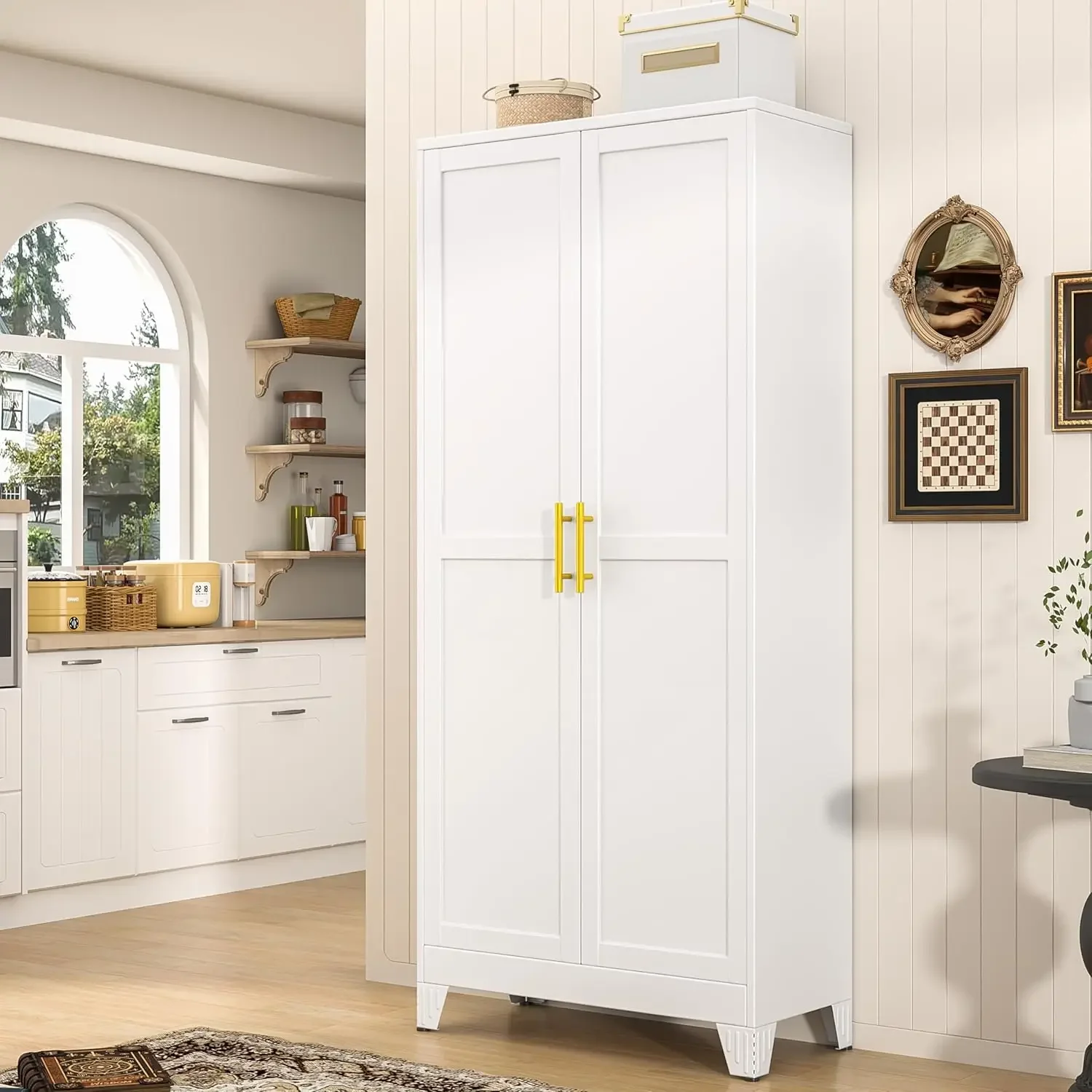 Food Storage Kitchen Cabinet - ตู้เก็บของโลหะสูง 71 ซม. พร้อมบานประตูและชั้นวางปรับระดับได้ 4 ชั้น