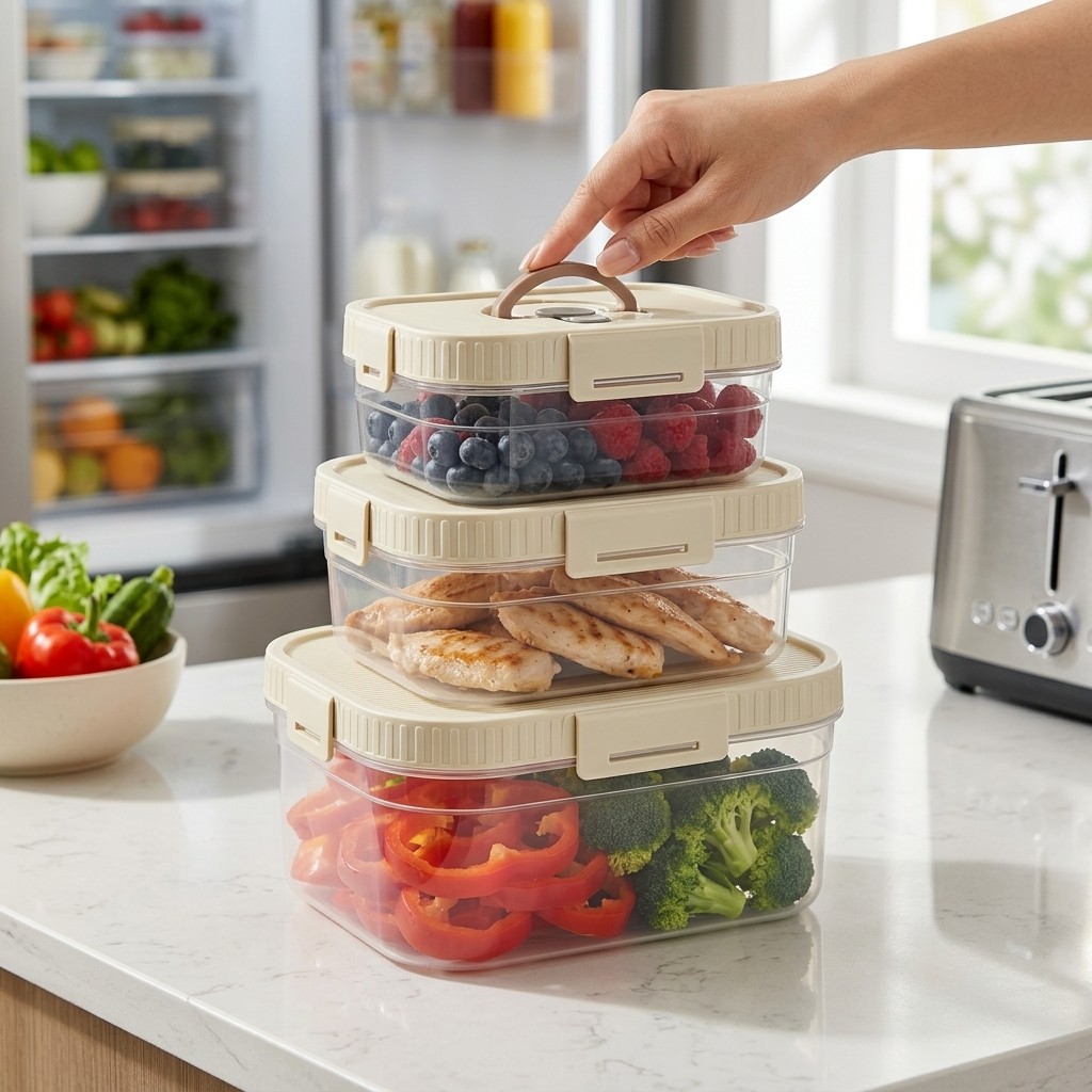 Food Storage Stackable Containers - กล่องเก็บอาหารแบบซ้อนได้พร้อมหูจับ ปิดผนึกกันรั่ว กล่องพลาสติกใสสำหรับเก็บรักษาความสด กล่องเก็บอาหารในตู้เย็น