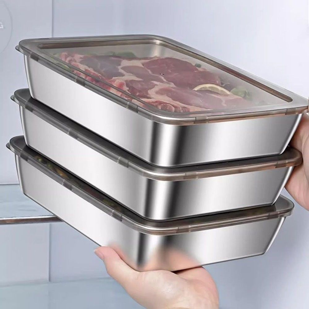 Food Storage Design - ถาดเสิร์ฟสแตนเลสเกรดอาหารพร้อมฝาปิด, ภาชนะเก็บอาหารทรงสี่เหลี่ยมอเนกประสงค์, ถาดอาหารในครัวแบบปิดสนิทพร้อมฝาปิด