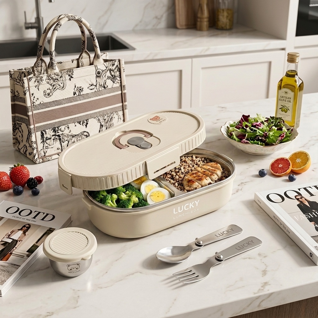 Food Storage Design - ชุดกล่องอาหารกลางวันสแตนเลส 304 สำหรับไมโครเวฟ ป้องกันการรั่วซึม พกพาสะดวก ภาชนะเก็บอาหาร