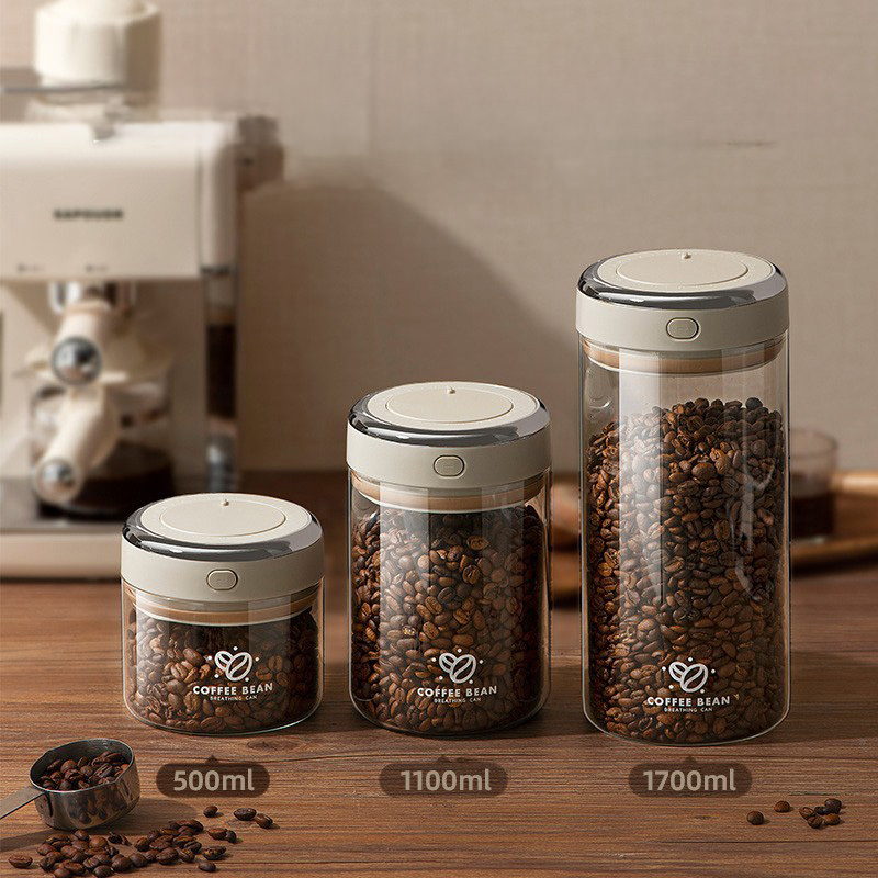 Food Storage Jar Glass - ถังเก็บเมล็ดกาแฟสุญญากาศขนาด 500/1100/1700 มล. พร้อมวาล์ว CO2 ขวดแก้วเก็บอาหาร