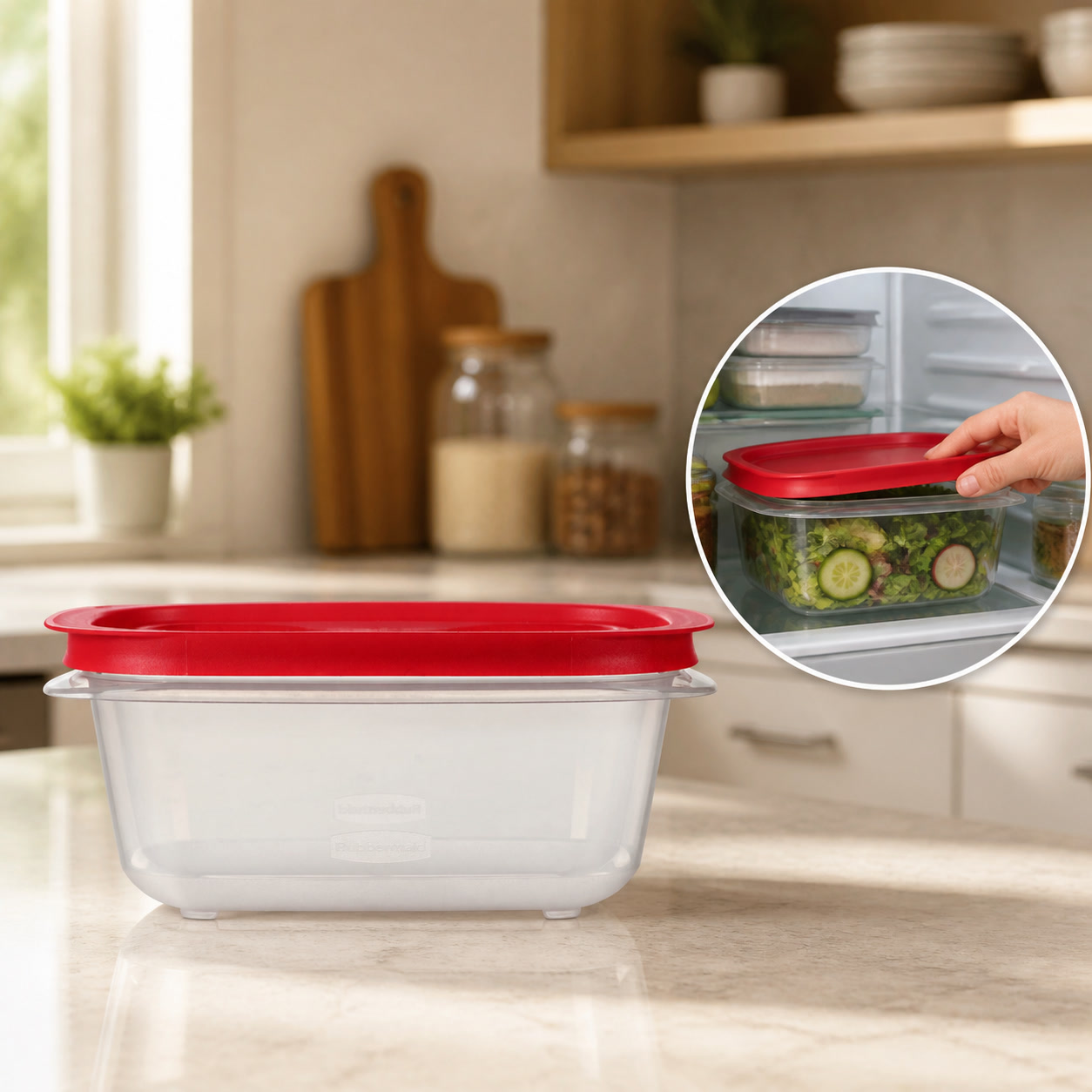 Food Storage Stackable Containers - กล่องเก็บอาหารทรงสี่เหลี่ยมขนาด 5.26 คัพ พร้อมฝาปิดสีแดงที่ใช้งานง่าย สามารถวางซ้อนกันได้ เหมาะสำหรับการเตรียมอาหารในครัว