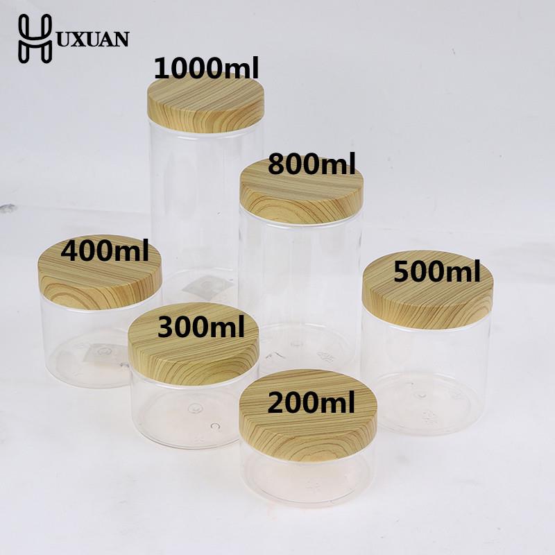 Food Storage Jars With Wooden Lids - 100/200/300/400/500/800/1000Ml ล้างขวด Pet คอนเทนเนอร์พลาสติกเลียนแบบไม้ฝาปิดโปร่งใสพลาสติกขวด