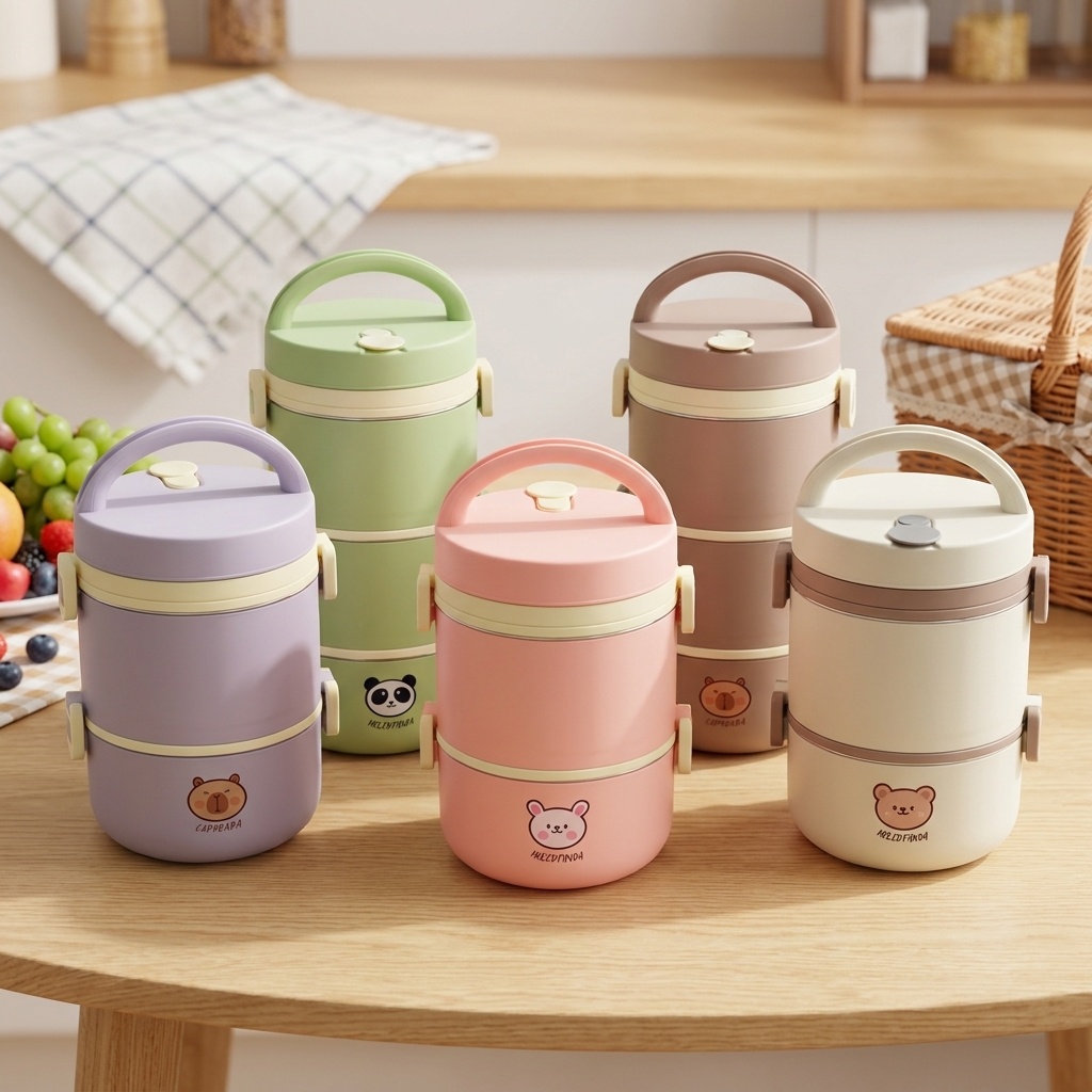 Food Storage Design - กล่องอาหารกลางวันสแตนเลส 304 กล่องเบนโตะ ชุดกล่องเก็บอาหารแบบพกพาสำหรับเข้าไมโครเวฟ น่ารักสำหรับเด็ก นักเรียน