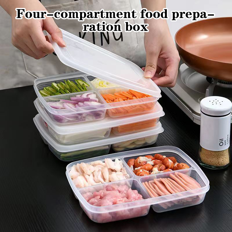 Food Storage For Refrigerator - ใหม่【กล่องเก็บของพลาสติก 4 ช่อง กล่องจัดระเบียบตู้เย็นแบบพกพา กล่องใส่อาหารผลไม้แบบแยกส่วน】
