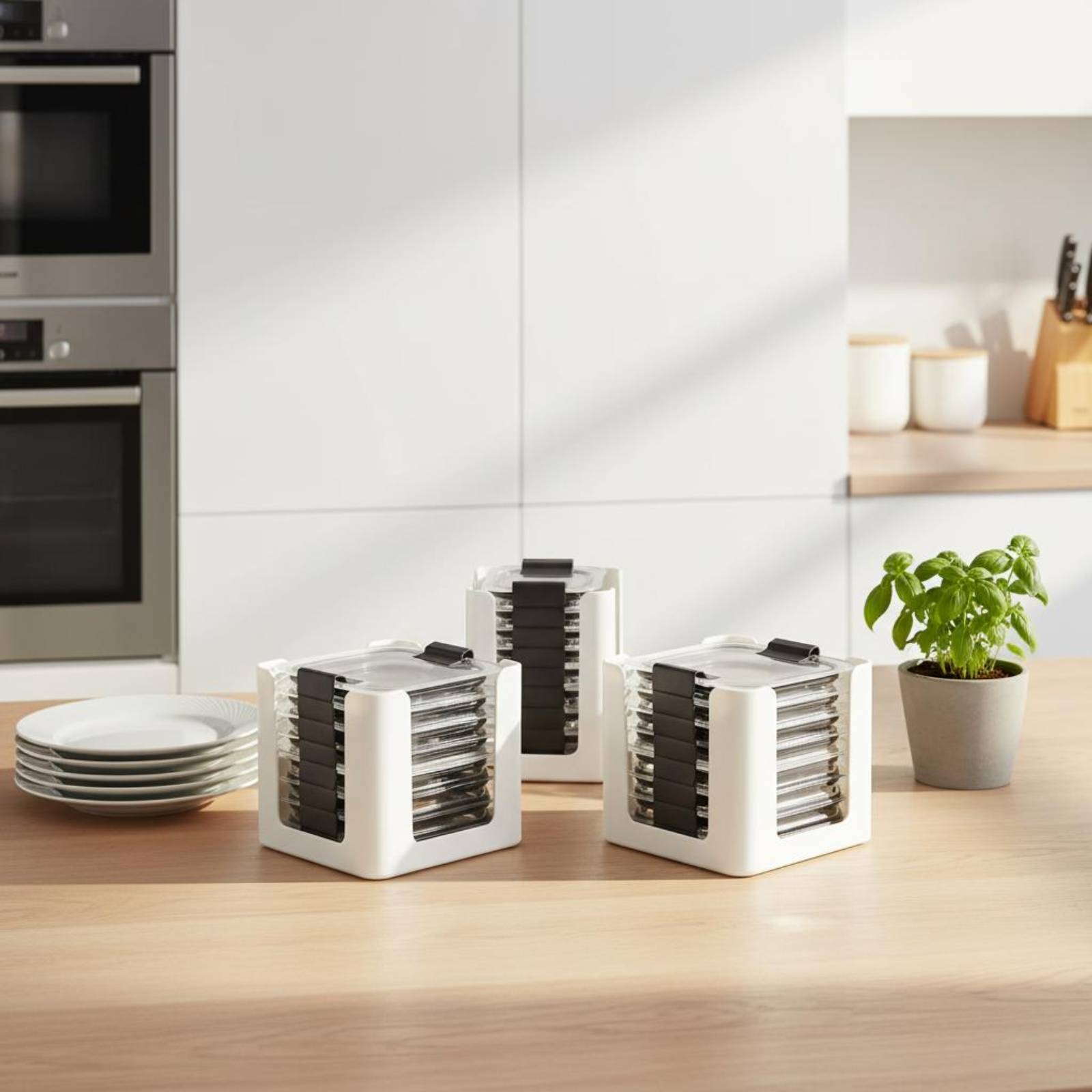 Food Storage Kitchen Cabinet - ชั้นวางฝาปิดภาชนะ 3 ชิ้น สำหรับจัดเก็บฝาภาชนะทรงสี่เหลี่ยมผืนผ้า ช่องเปิดทรงกลม-สี่เหลี่ยม ปลอดสาร