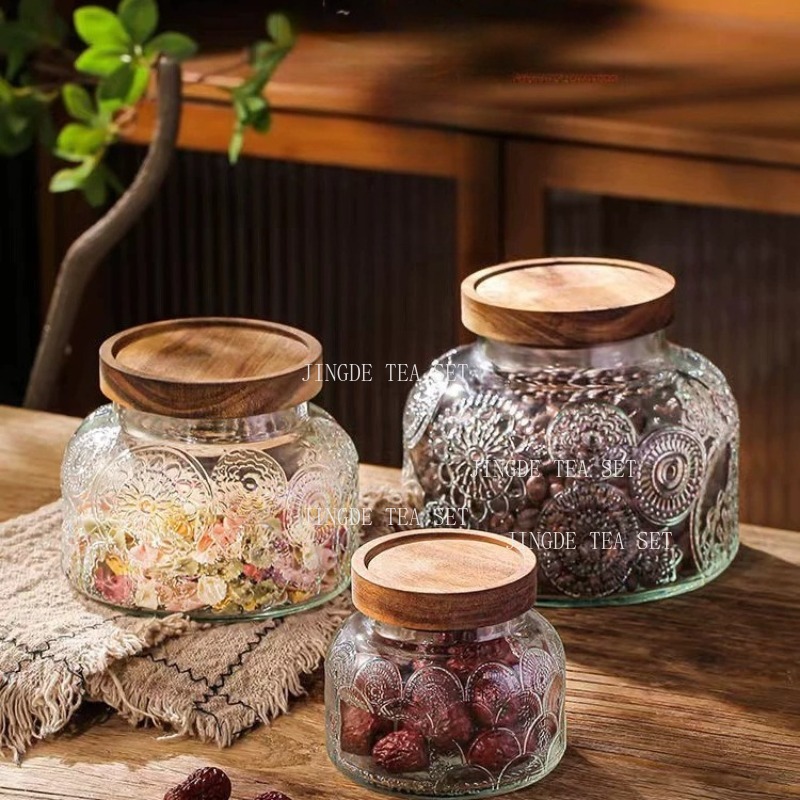 โหลแก้วลายนูนพร้อมฝาไม้ กระปุก - Food Storage Jars With Wooden Lids บทวิจารณ์และราคา